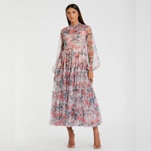 Mac Duggal High Neck Long Balloon Sleeve Midi Dress 11405